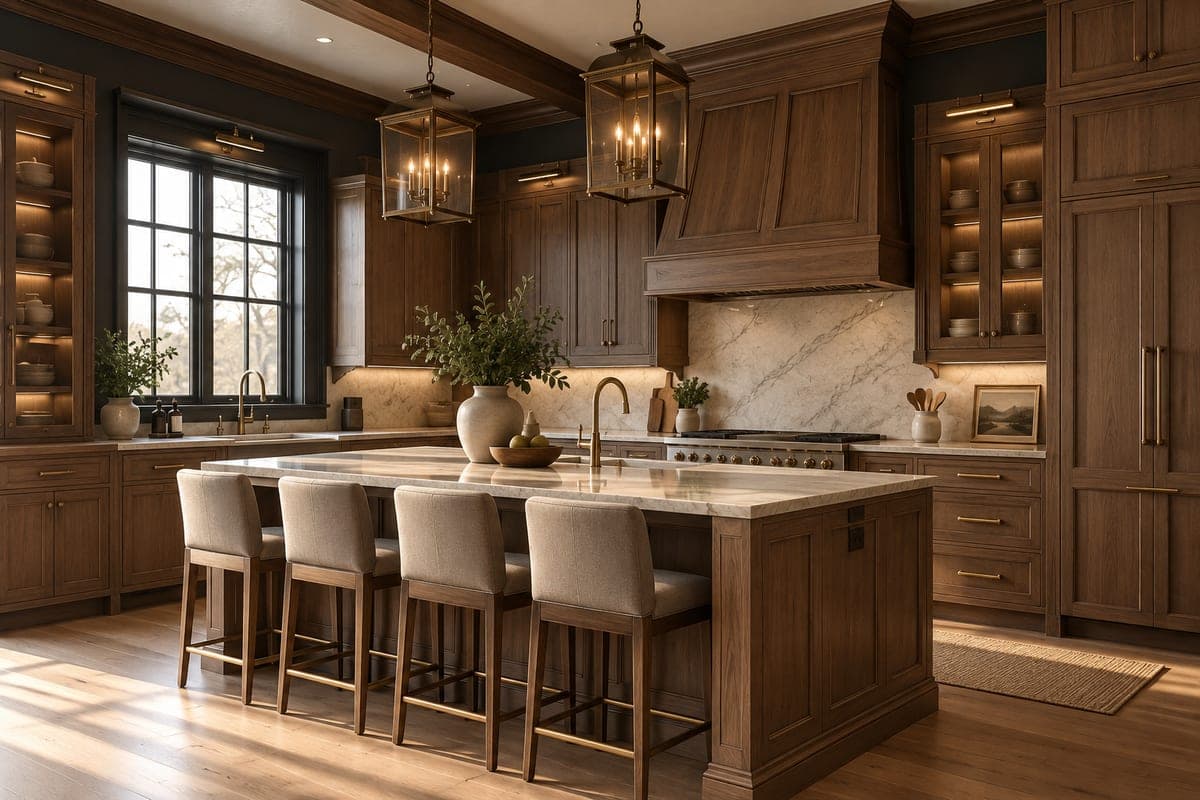 Kitchen with warm wood cabinets, a stone-topped island, and brass lantern lighting